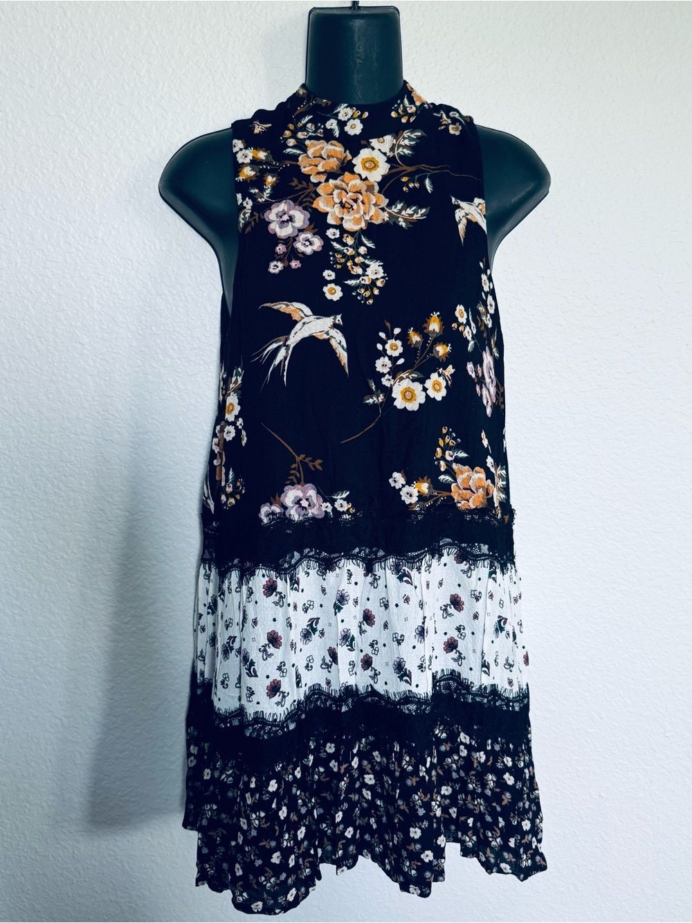 Love Fire Floral Bird Print Boho Lace Tunic Dress S